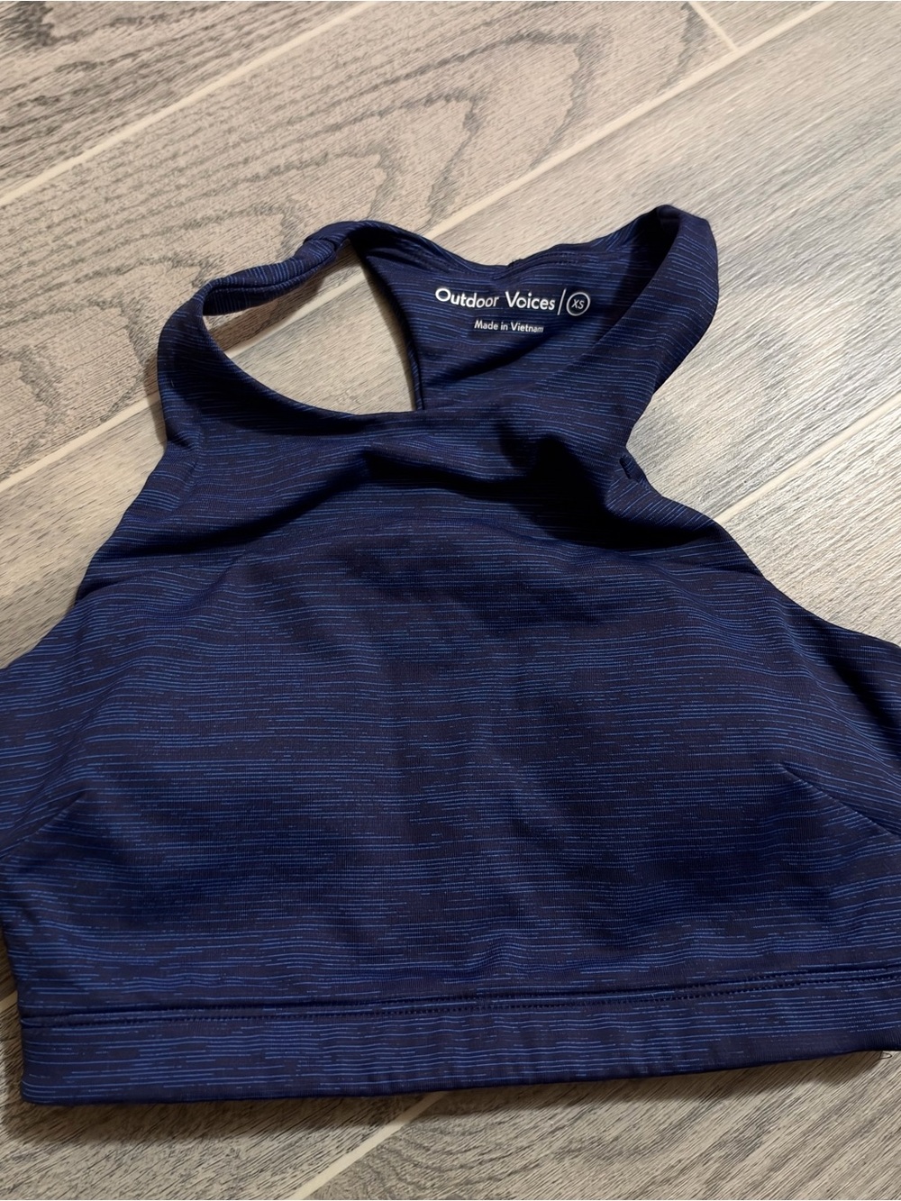 Outdoor Voices Navy Striped High-Neck Crop Sports Top